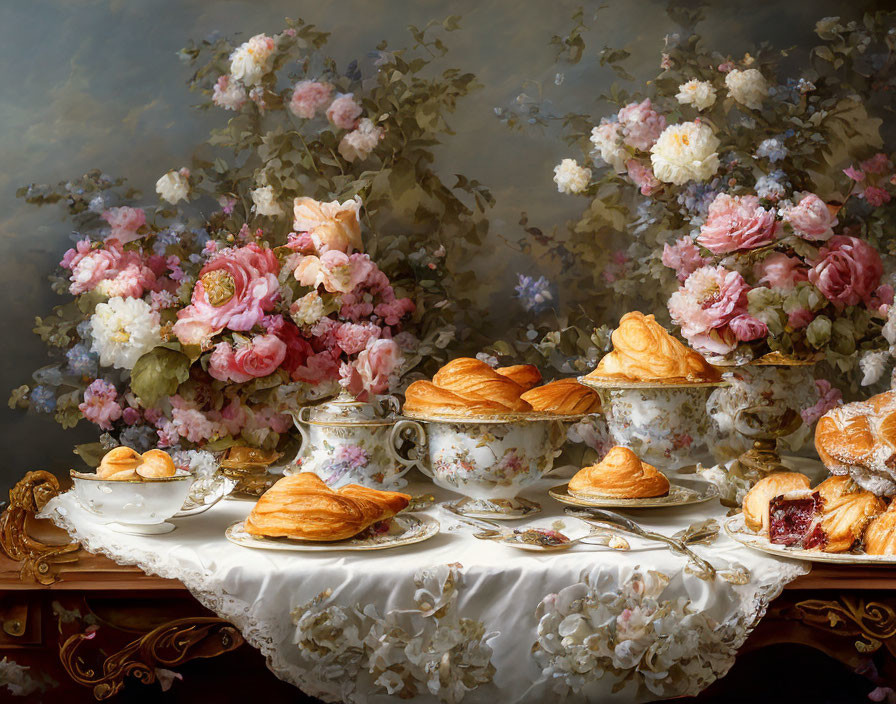 Luxurious Breakfast Spread with Pastries and Floral China Set