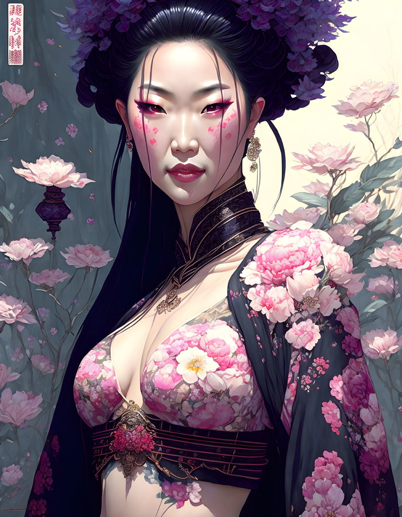 Digital artwork: Woman with East Asian features, floral tattoos, pink makeup, and flower-patterned kim