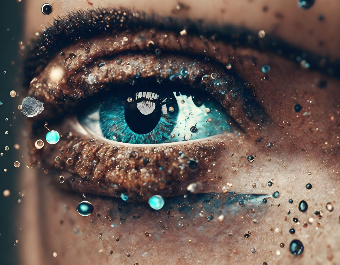 Detailed Close-Up of Teal-Colored Human Eye with Water Droplets