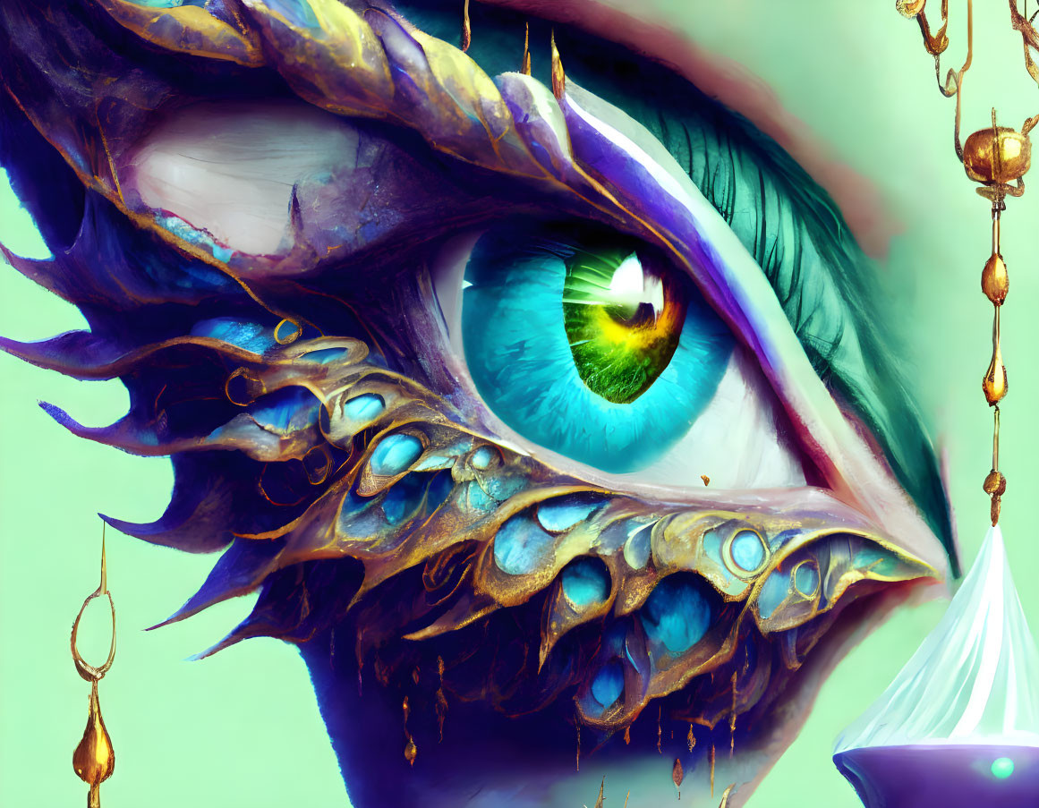 Detailed fantastical eye art with blue, gold scaled eyelids, green iris, and ornate jewelry