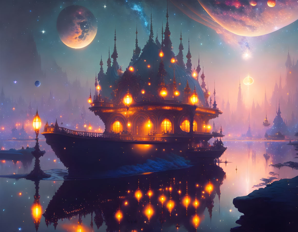 Floating palace with glowing lights on water under night sky.