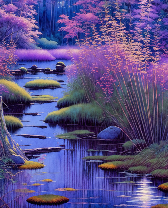 Serene twilight scene with purple and blue hues by a stream