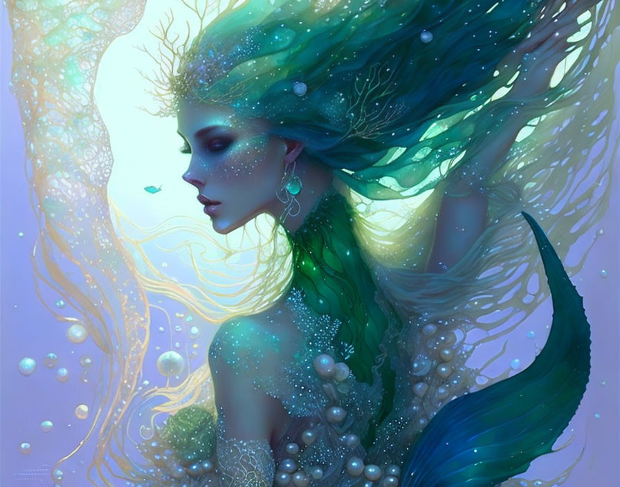 Ethereal mermaid with green hair and pearls in underwater scene