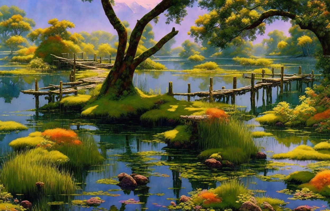 Tranquil pond painting with lush trees and footbridge