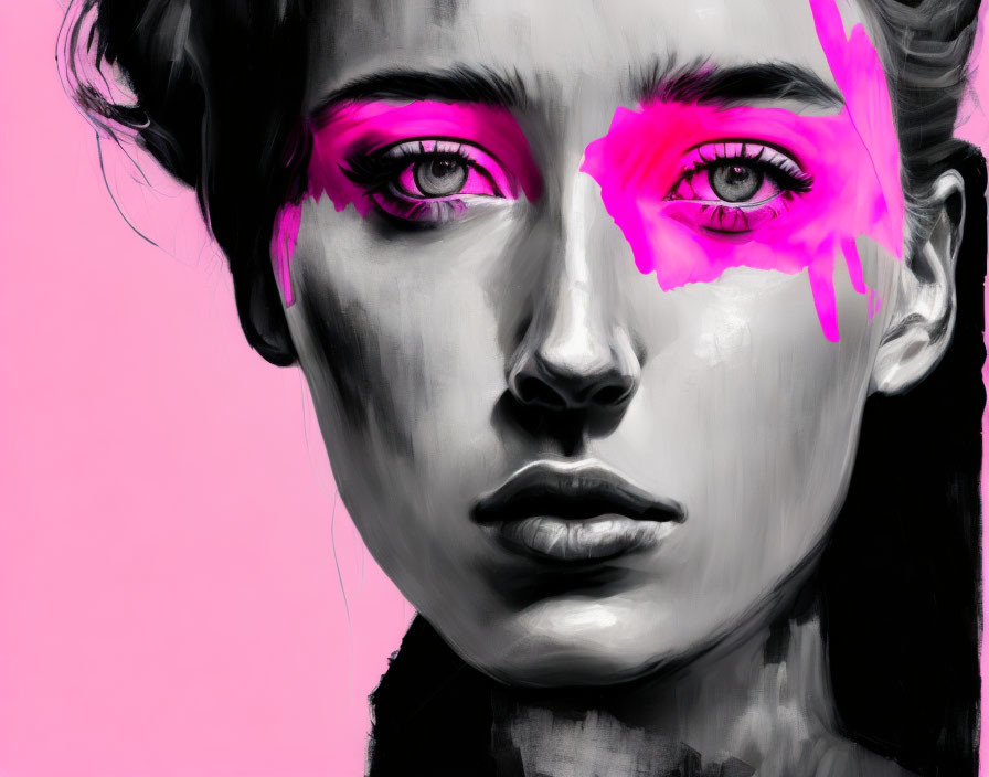 Monochromatic portrait of a woman with pink eye highlights