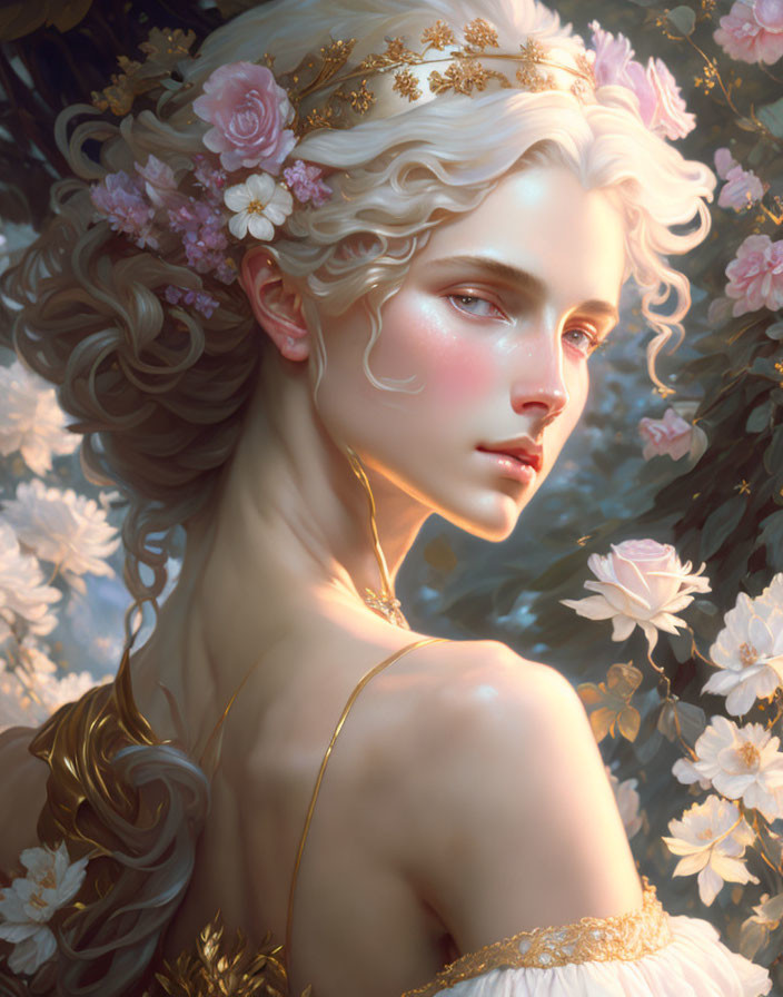 Ethereal portrait of person with flowing hair and flowers in soft glow