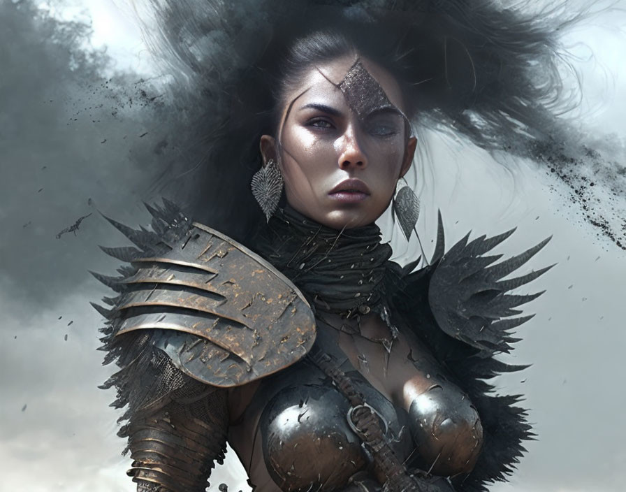 Warrior with dark hair in intricate armor in stormy backdrop