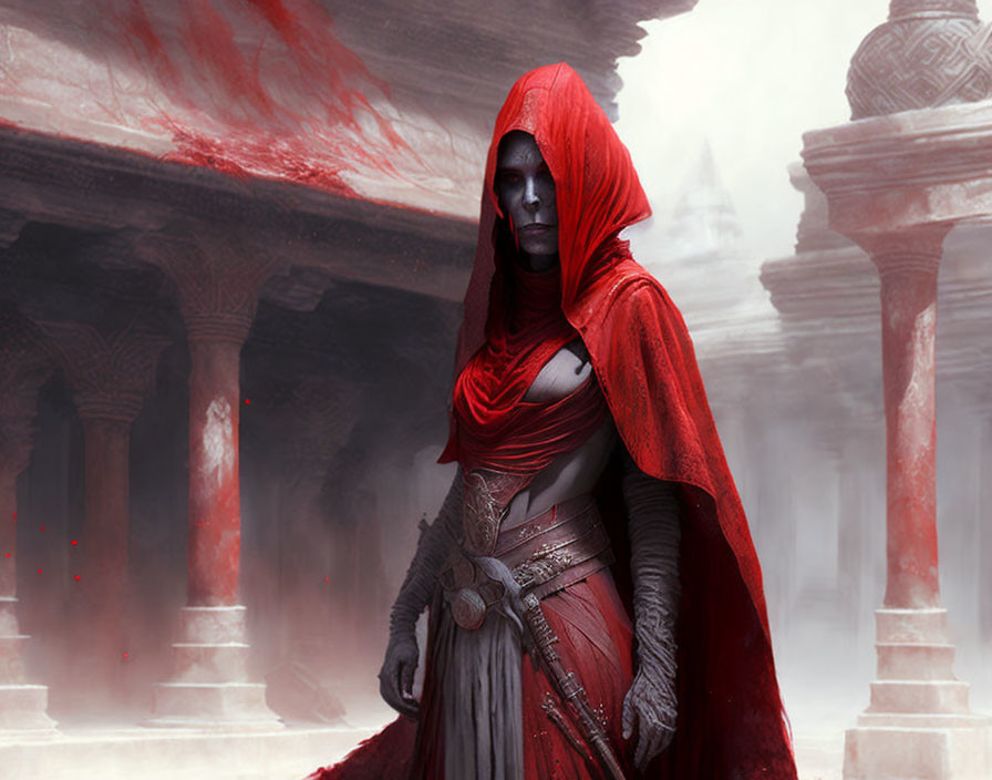 Mysterious figure in red cloak and armor among mist and ancient columns