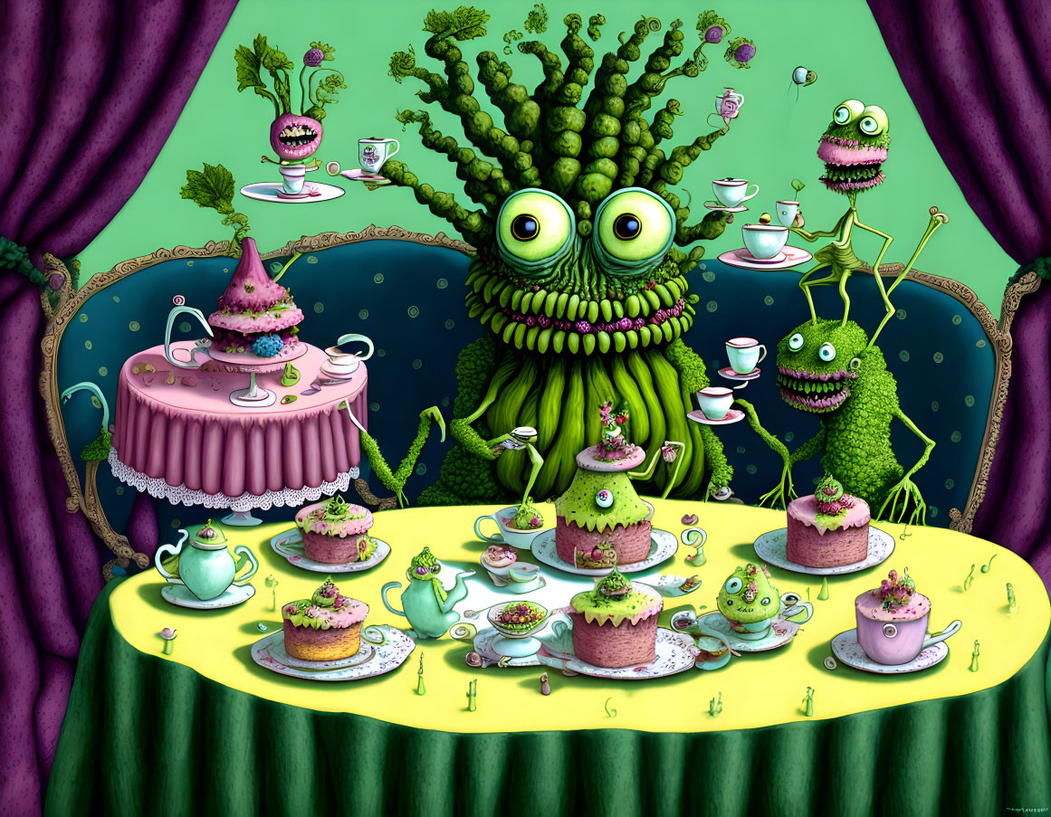 Colorful Cartoon Image: Green Alien Tea Party with Pink and Green Cakes