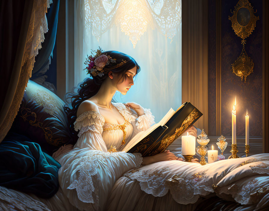 Woman in elegant dress reading by candlelight in vintage room