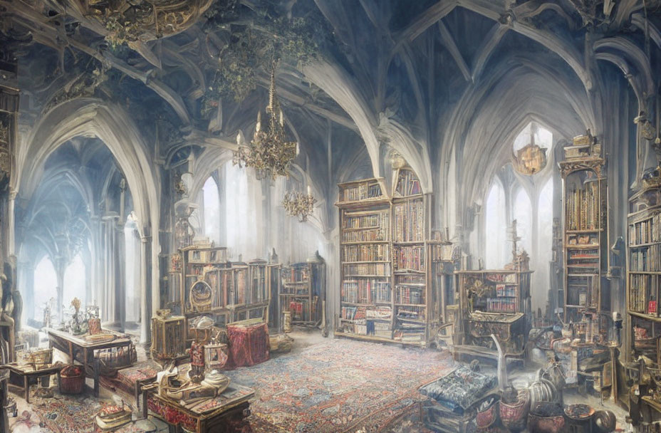 Ornate library with tall bookshelves and arched windows