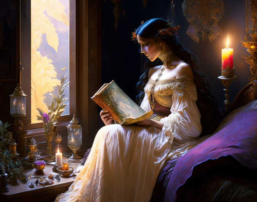 Historical woman reading book by candlelight near window