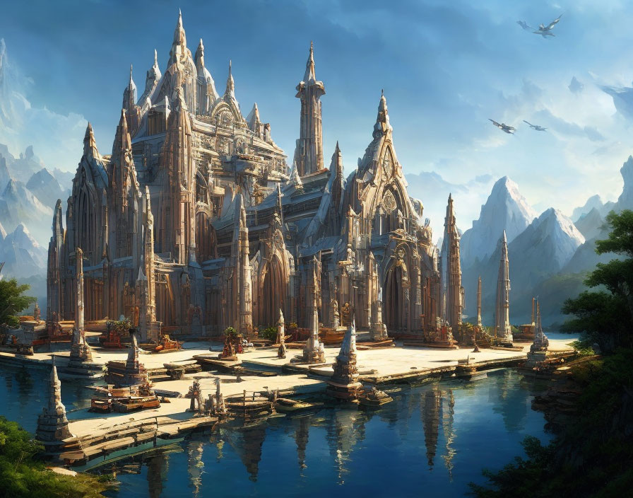 Fantasy cathedral with spires by calm river and mountains under blue sky