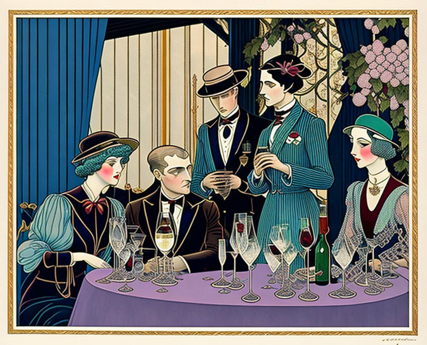 Sophisticated 1920s gathering illustration with elegant attire and empty glasses