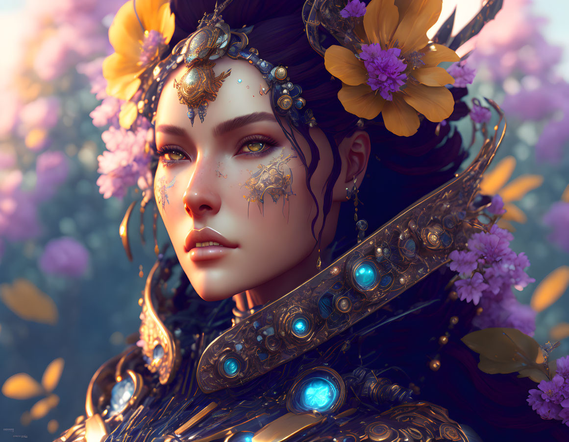 Digital artwork: Woman with floral and jeweled headpiece and blue gemstones on ornate armor