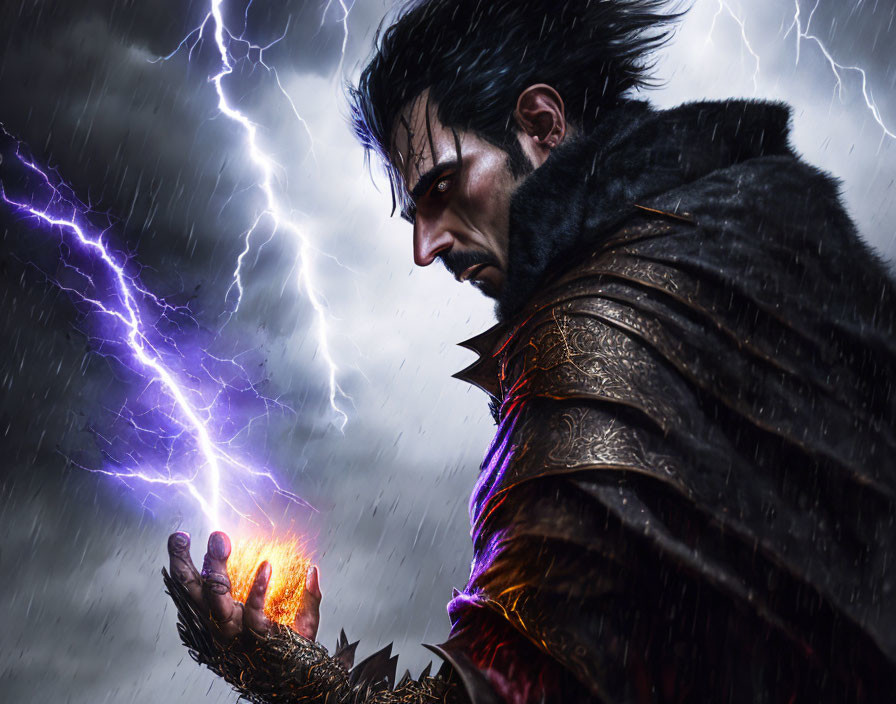 Dark-haired man with fur collar holding fiery orb under dramatic lightning.