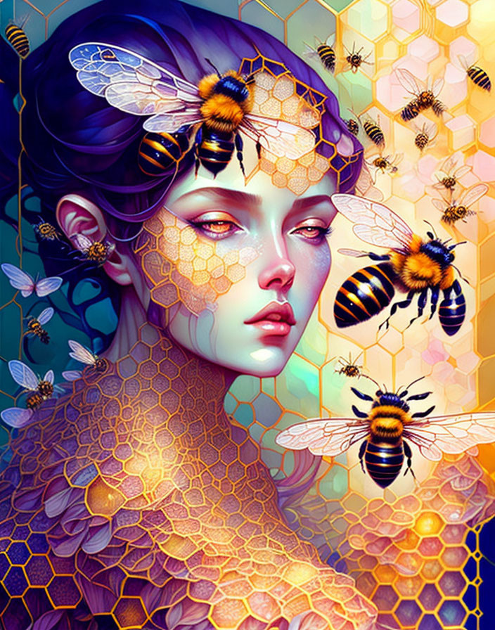 Colorful woman with bee features and purple hair, honeycomb skin pattern.