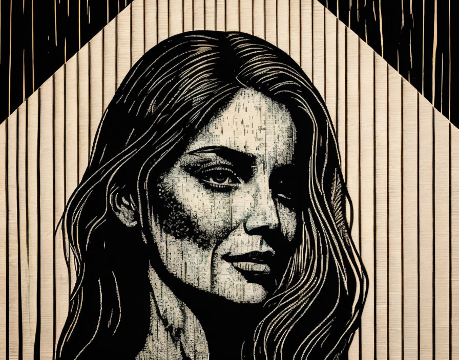 Halftone style woman's face with striped background