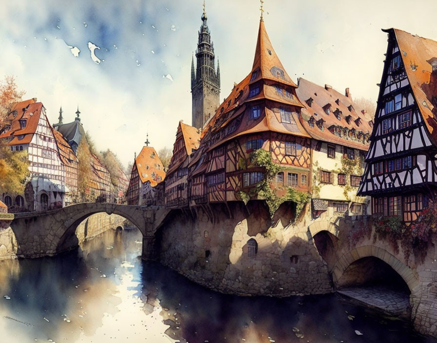 European village watercolor painting with half-timbered houses, stone bridge, steeple,