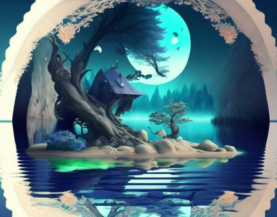 Whimsical house in tree by serene lake under glowing moon