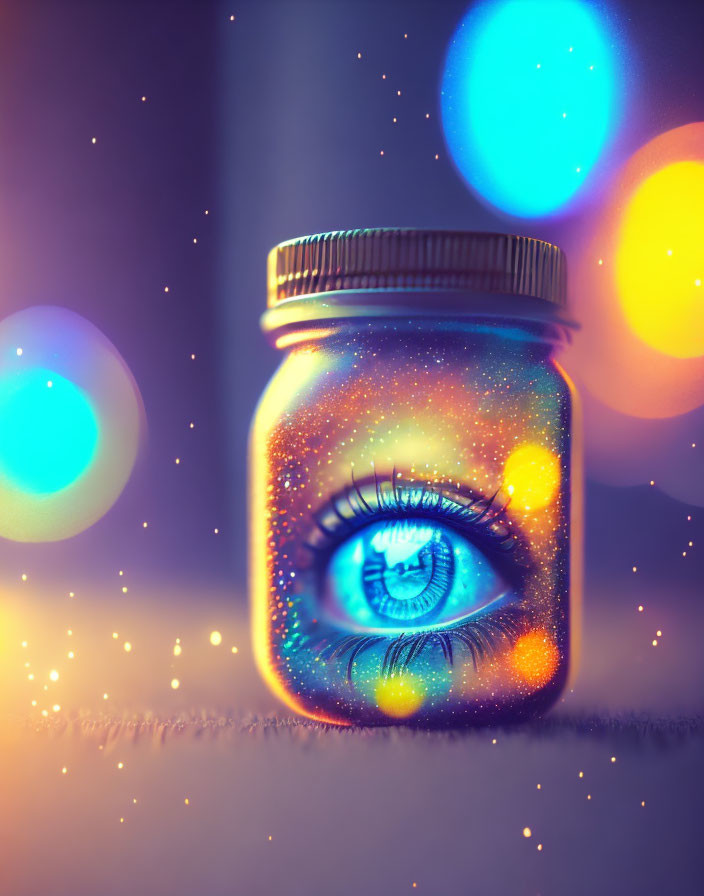 Surreal illustration: Eye in glass jar with bokeh lights and stardust