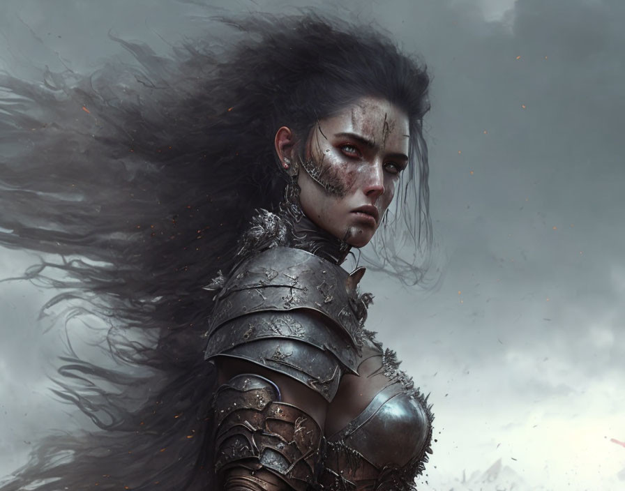 Dark-haired warrior in metal armor against stormy sky