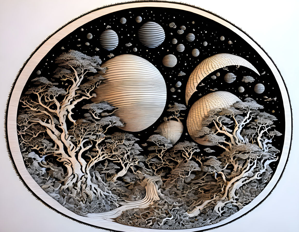 Circular black and white artwork of intricate trees and celestial spheres on cosmic background.