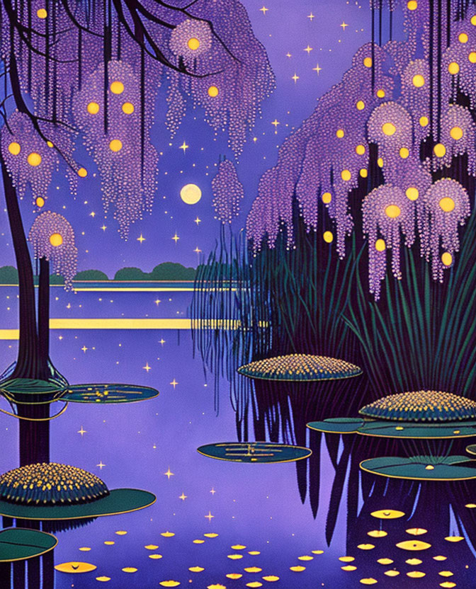 Nocturnal lakeside scene with wisteria trees and starry sky