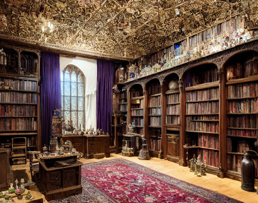 Intricate Ceiling, Wood Bookcases, Large Window, Antique Furnishings