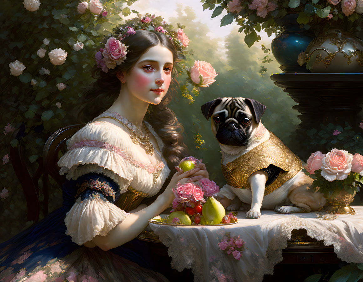 Victorian-style portrait: Woman with pug dog, roses, fruit, gold garment