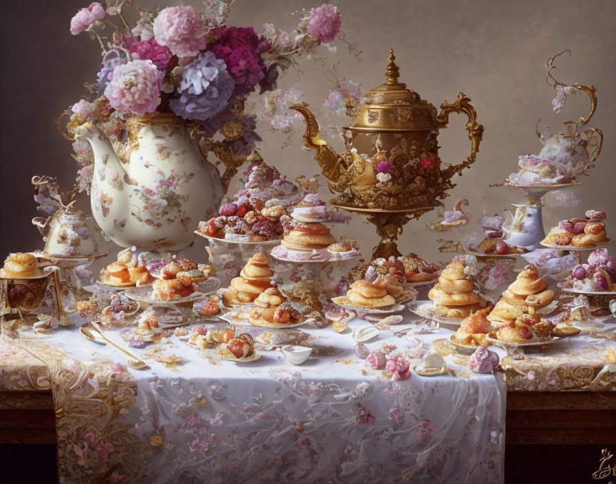 Ornate golden teapot, floral vase, pastries, teacups on flower-patterned