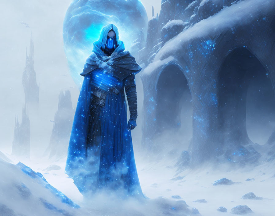 Mystical figure in blue cloak in icy landscape with glowing blue structures