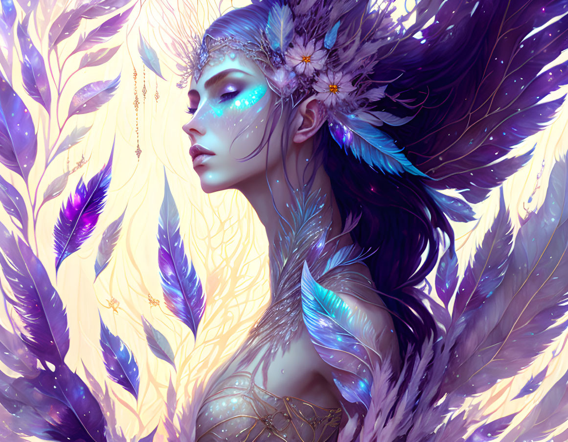 Fantasy female digital art portrait with purple feathers and floral adornments