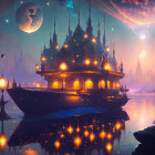 Floating palace with glowing lights on water under night sky.