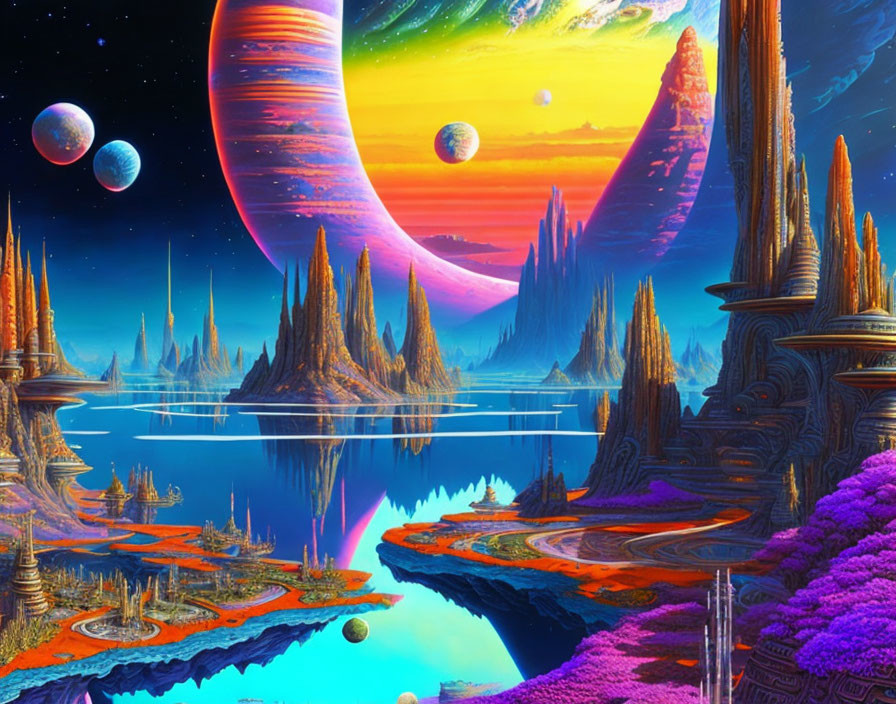 Colorful sci-fi landscape with spires, lake, alien plants, and planets