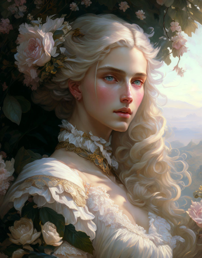 Portrait of Woman with Blonde Curly Hair, Roses, Lace Dress, and Gold Necklace