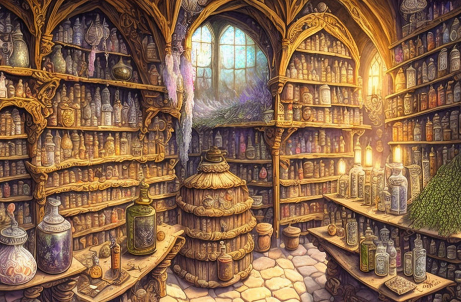 Magical Potion Shop with Shelves, Carved Counter & Glowing Window