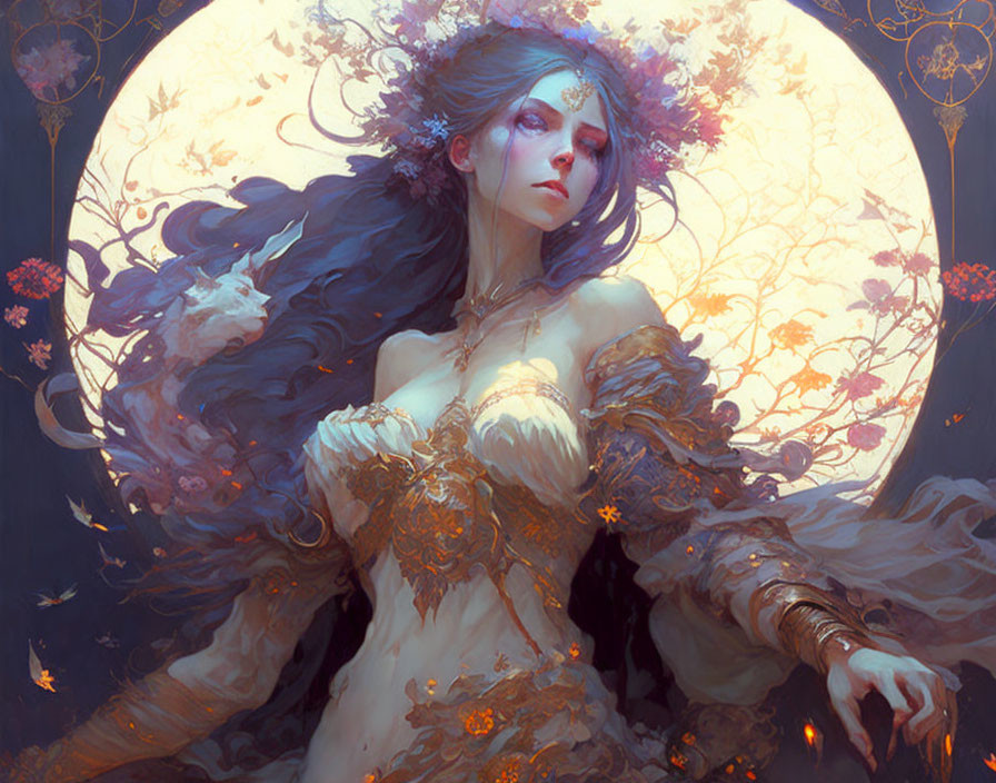 Fantasy illustration of woman in ethereal attire with golden floral patterns under full moon.