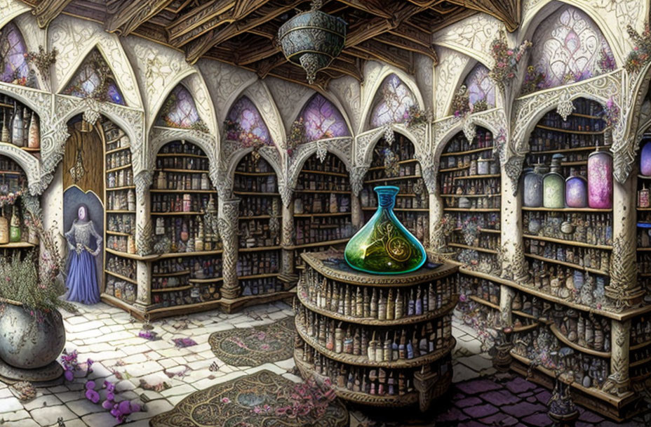 Enchanting library with arched windows, stained glass, overflowing bookshelves, large hourglass