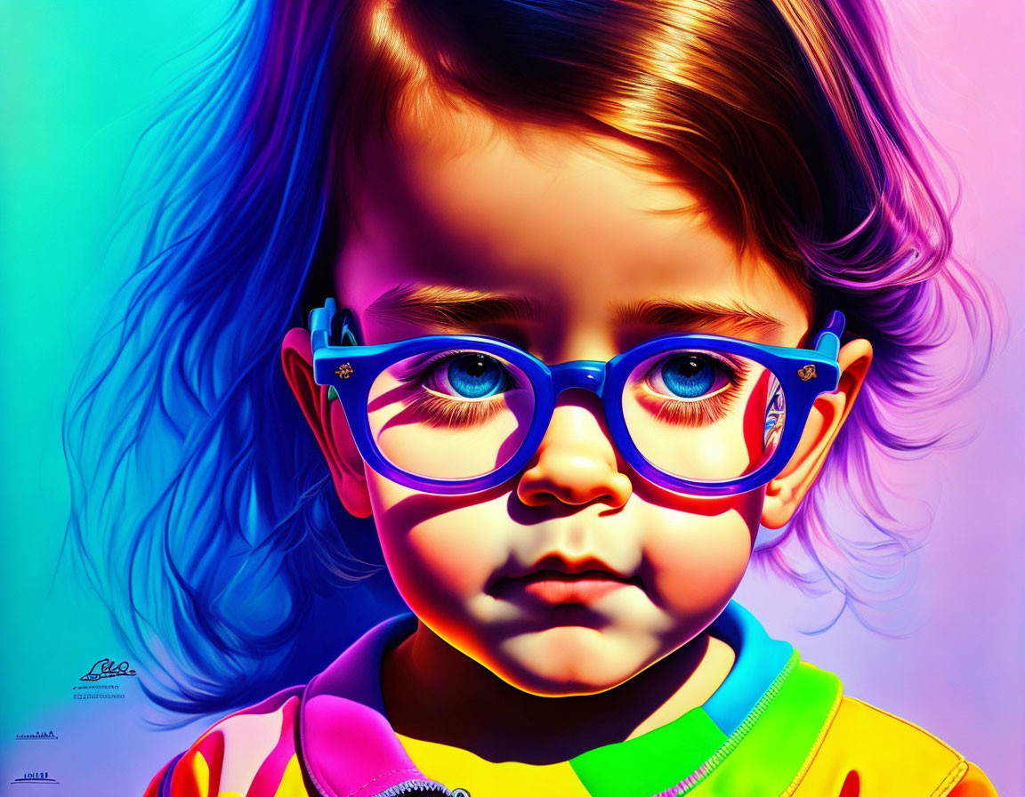 Colorful Artwork Featuring Child with Big Blue Glasses on Vibrant Background