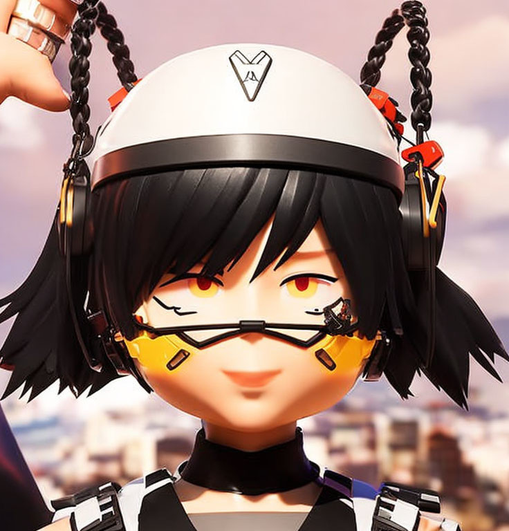 Detailed image: Stylized female character with orange eyes, black hair in pigtails, and