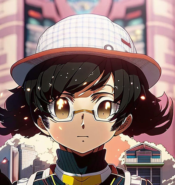 Character with Large Glasses and Hat in Stylized Cityscape