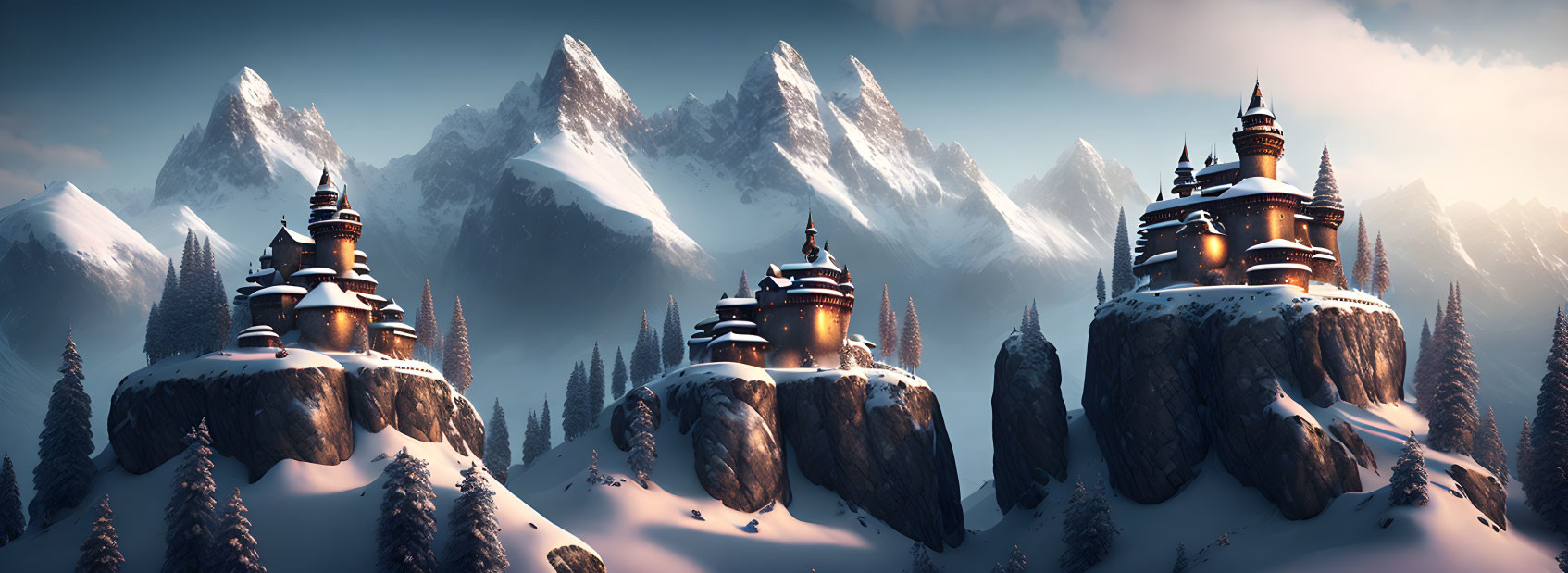 Snow-covered mountains and castles in majestic fantasy landscape