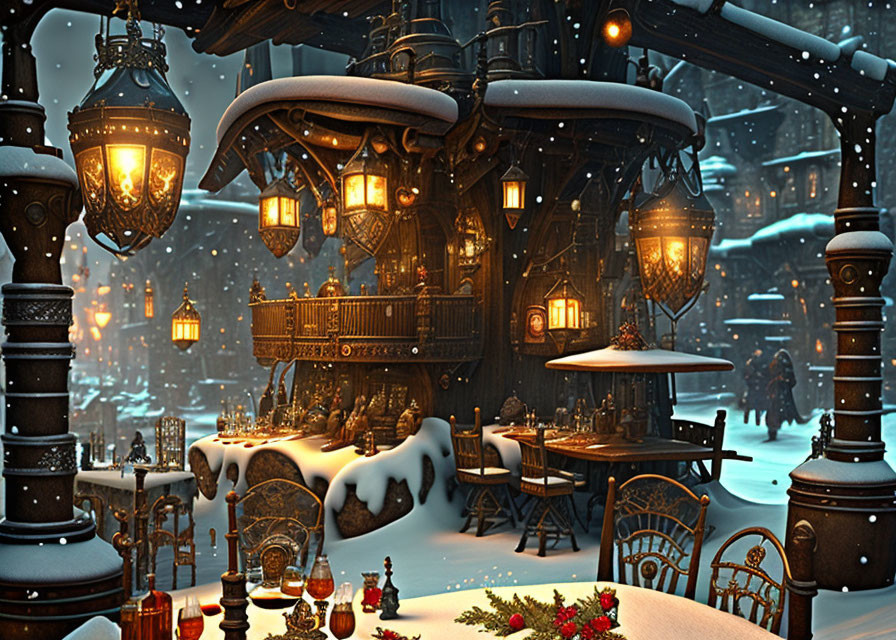 Snow-covered outdoor café with vintage lanterns in winter scene