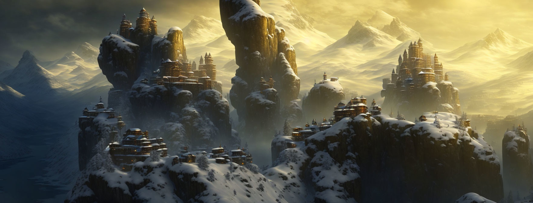 Fantasy landscape with snowy mountains and castles at sunset