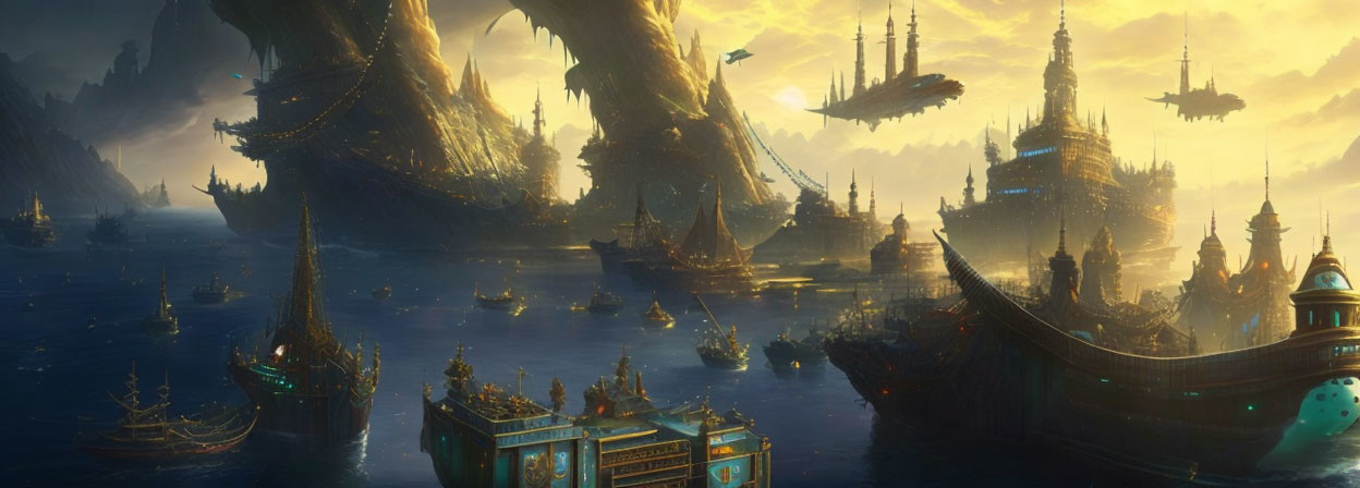 Fantastical seascape with organic structures and futuristic ships