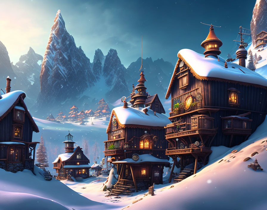 Snow-covered village with glowing windows and mountain backdrop