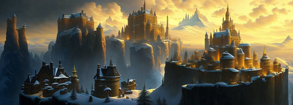 Fantasy castle on cliff with waterfalls at sunset surrounded by snowy mountains