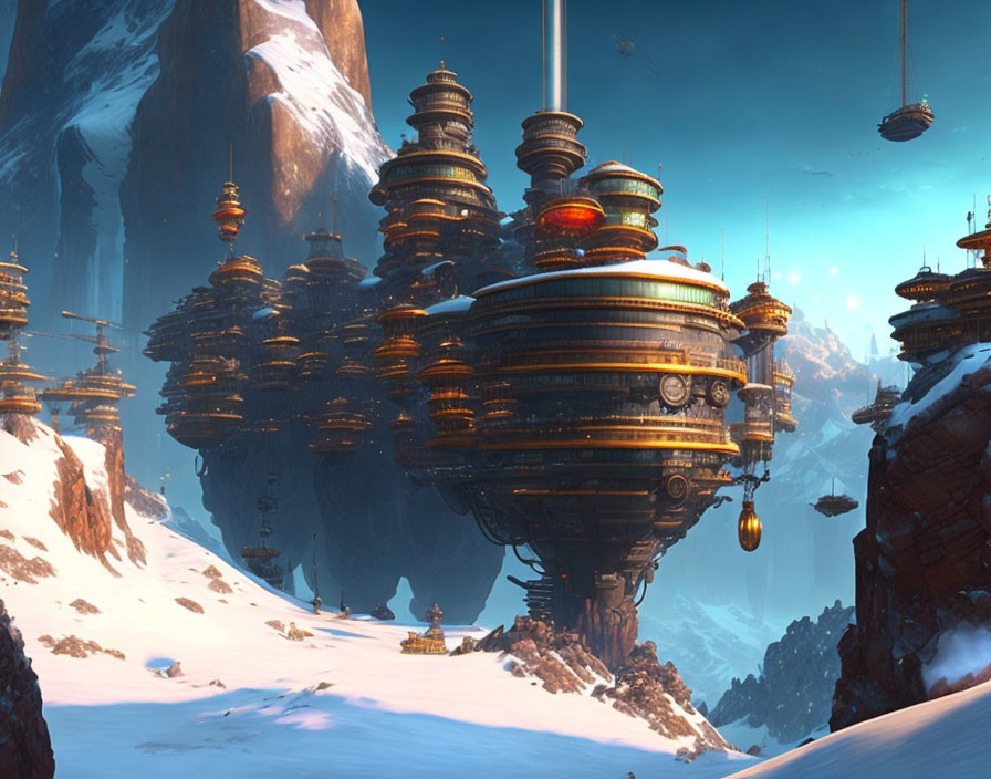 Futuristic cityscape with circular structures above snowy landscape