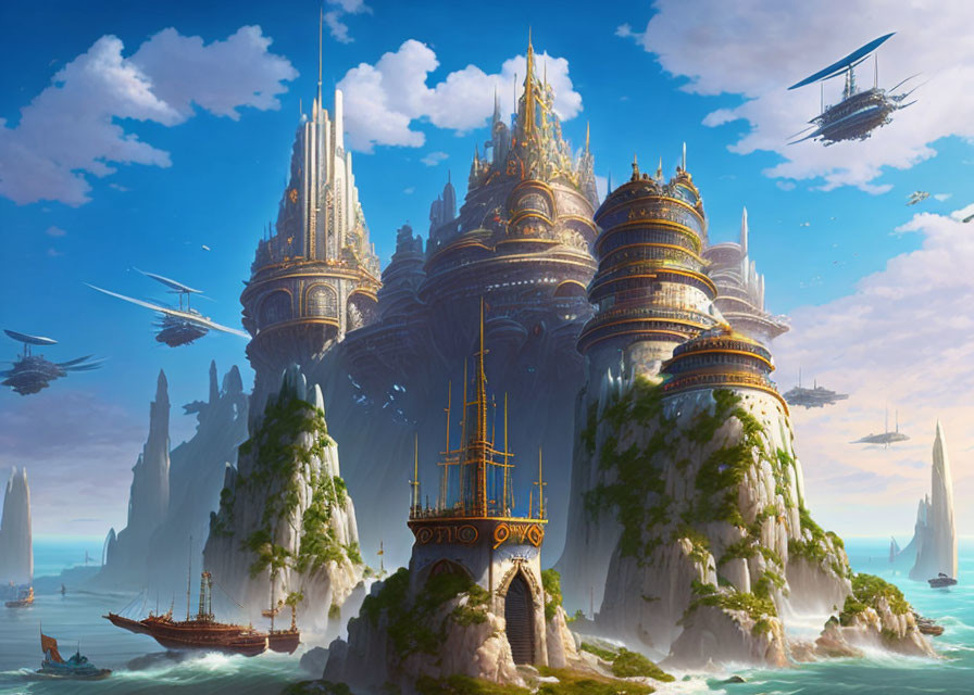 Majestic flying ships and rugged island spires in a fantastical seascape